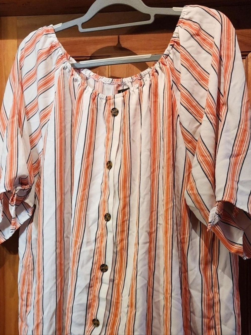 Lee White and Orange Striped Button-Front Peasant Blouse
